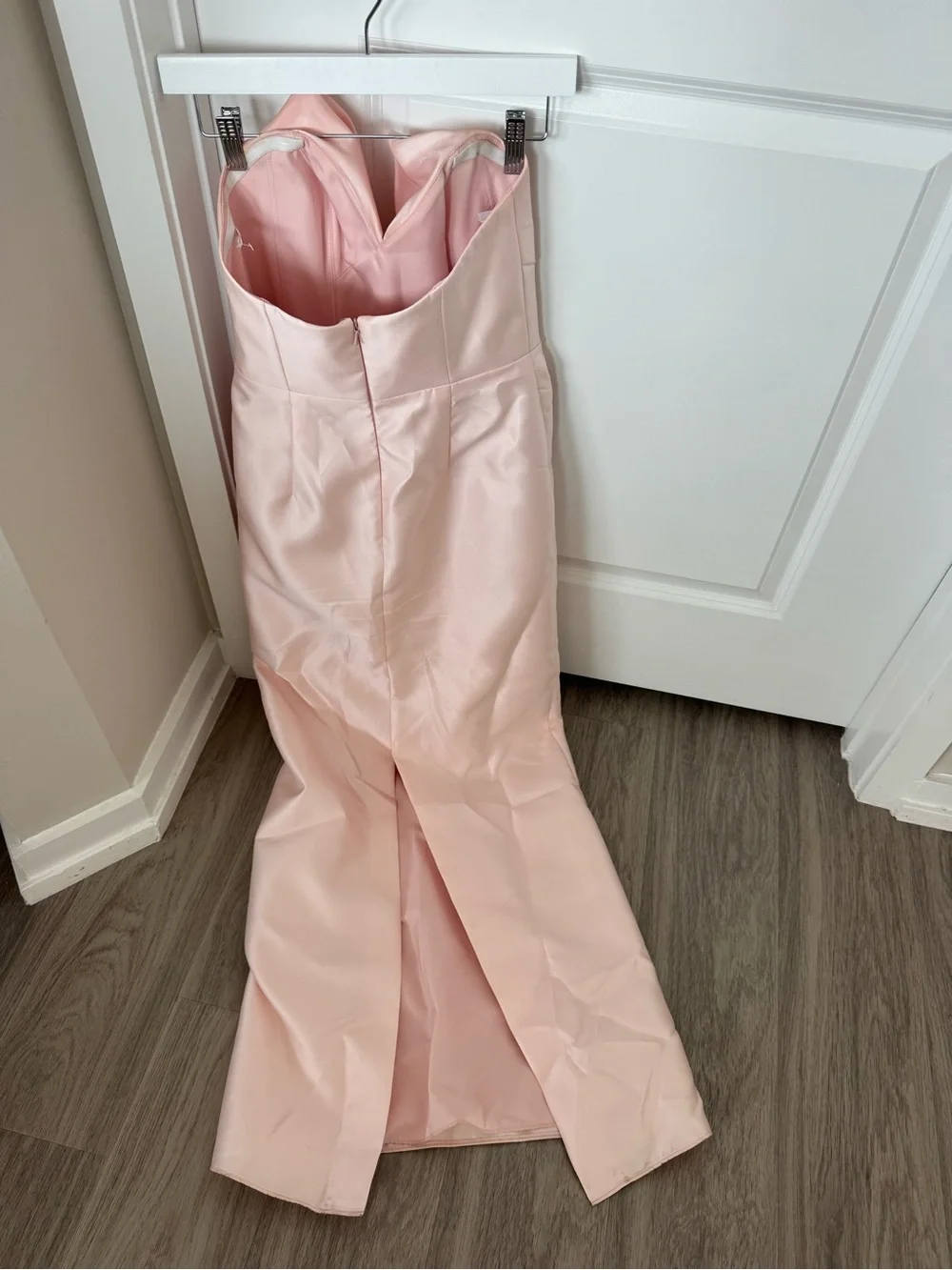 ALFRED SUNG Blush Pink Strapless Asymmetrical Draped Satin Gown